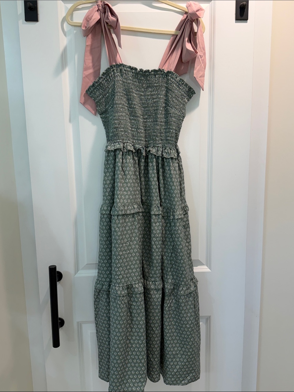 Women’s Sage Smocked Tiered Dress with Pink Tie Straps